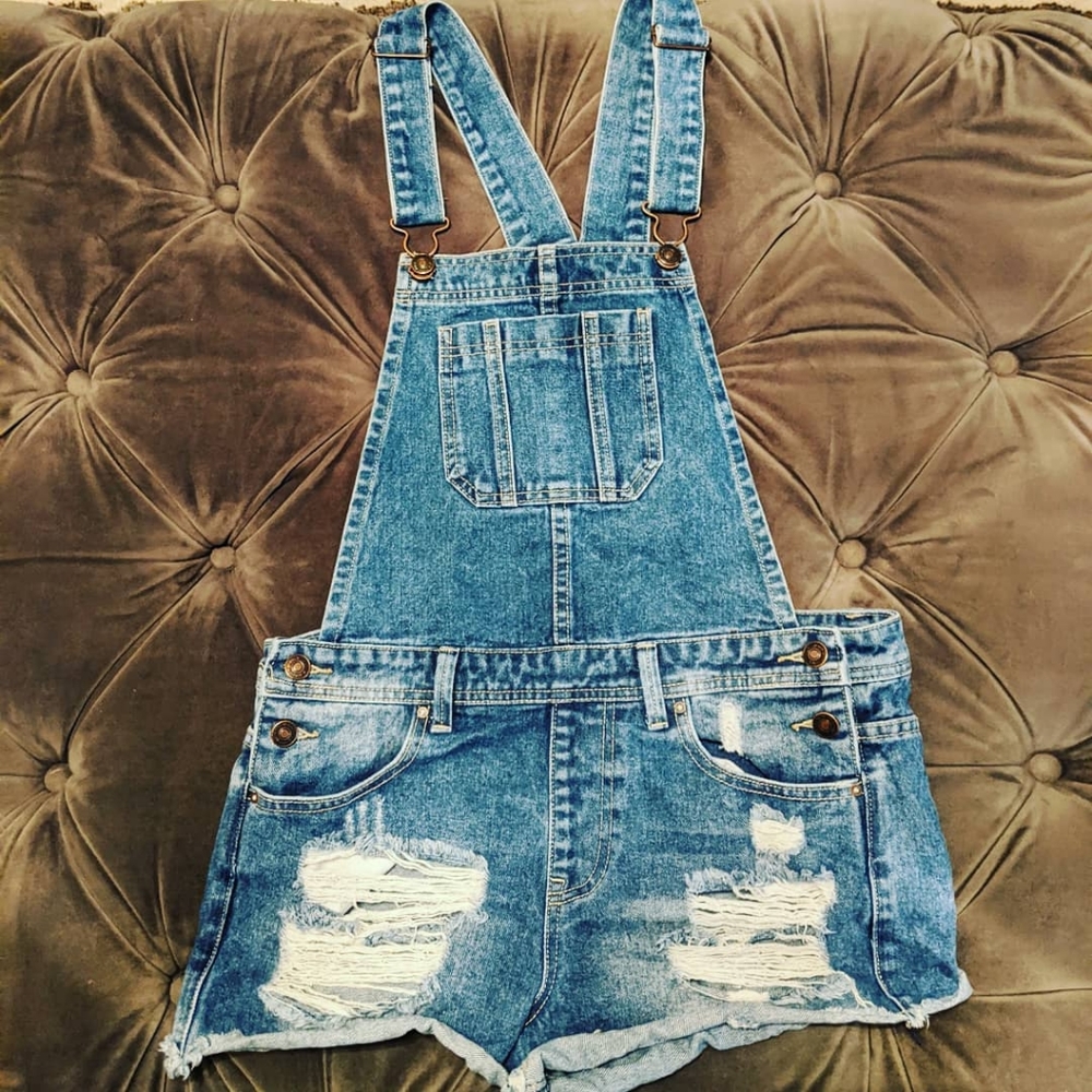 Medium Blue: Distressed Denim Overalls Shorts